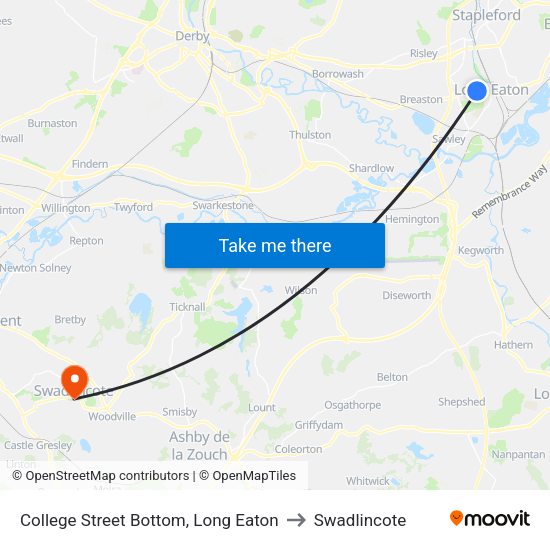 College Street Bottom, Long Eaton to Swadlincote map
