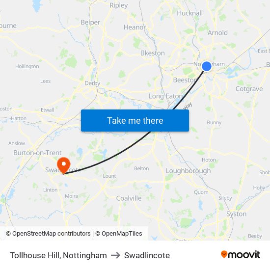 Tollhouse Hill, Nottingham to Swadlincote map