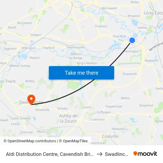 Aldi Distribution Centre, Cavendish Bridge to Swadlincote map