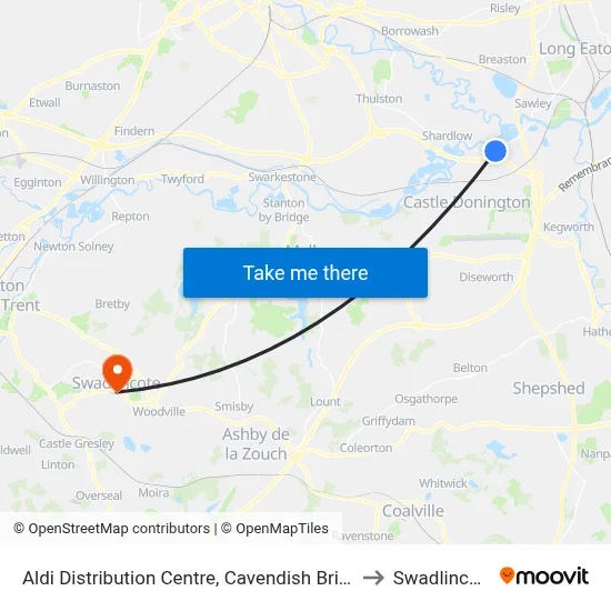Aldi Distribution Centre, Cavendish Bridge to Swadlincote map