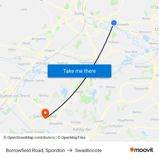 Borrowfield Road, Spondon to Swadlincote map