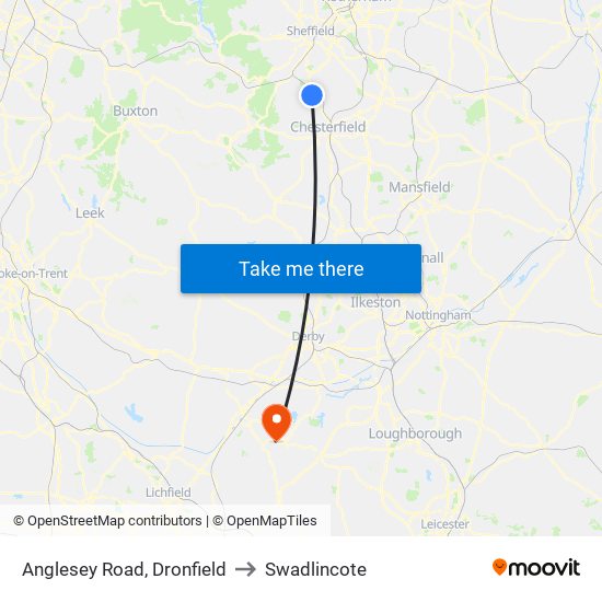Anglesey Road, Dronfield to Swadlincote map