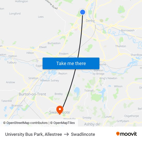 University Bus Park, Allestree to Swadlincote map