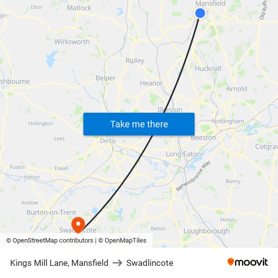 Kings Mill Lane, Mansfield to Swadlincote map