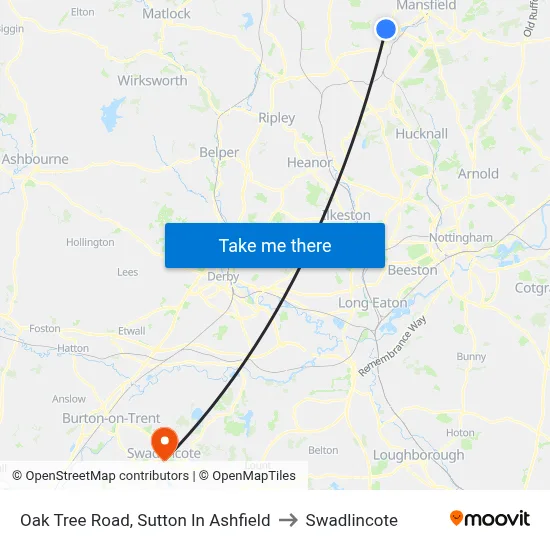 Oak Tree Road, Sutton In Ashfield to Swadlincote map