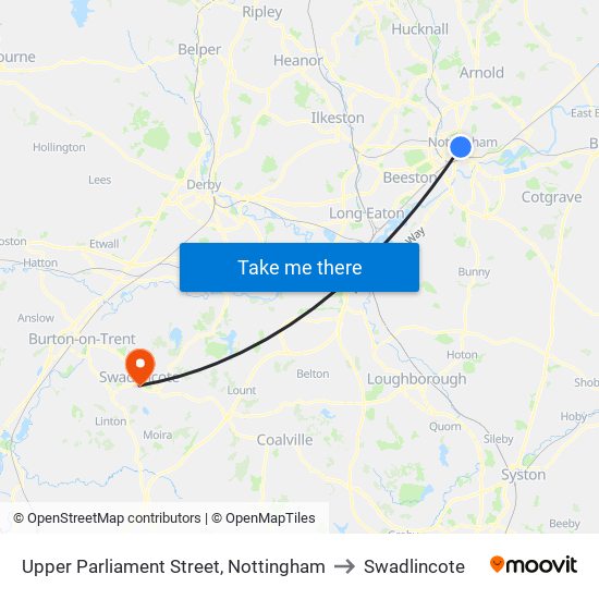 Upper Parliament Street, Nottingham to Swadlincote map