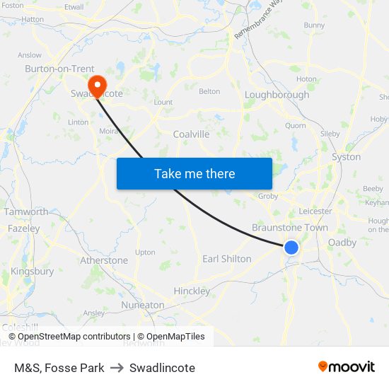 M&S, Fosse Park to Swadlincote map