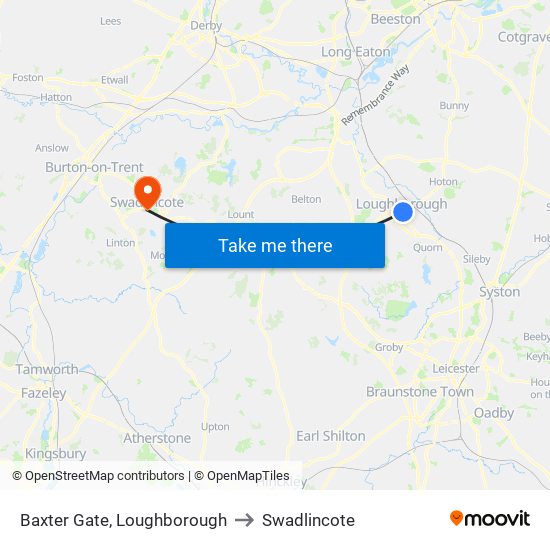 Baxter Gate, Loughborough to Swadlincote map