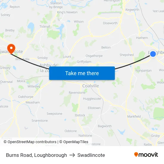Burns Road, Loughborough to Swadlincote map
