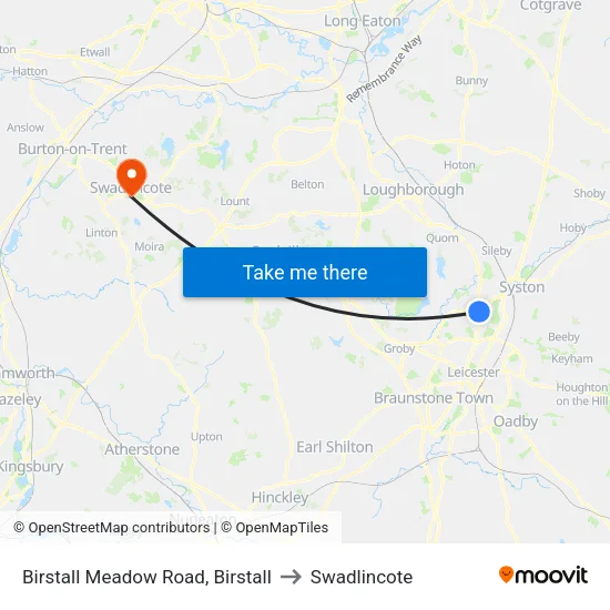 Birstall Meadow Road, Birstall to Swadlincote map