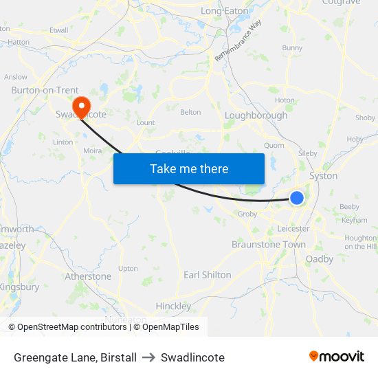 Greengate Lane, Birstall to Swadlincote map