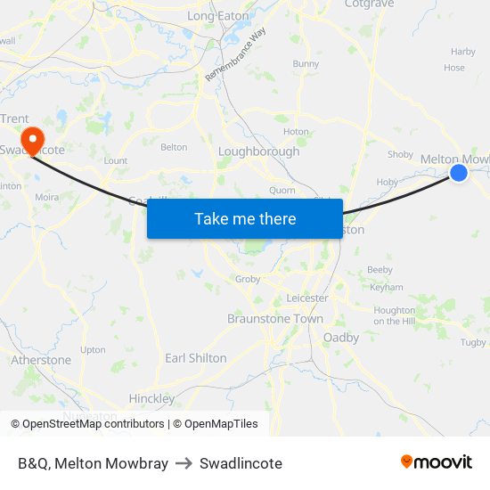 B&Q, Melton Mowbray to Swadlincote map