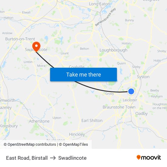 East Road, Birstall to Swadlincote map