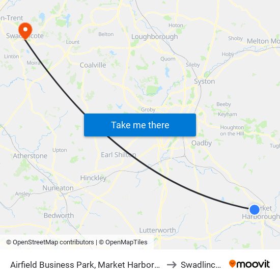 Airfield Business Park, Market Harborough to Swadlincote map