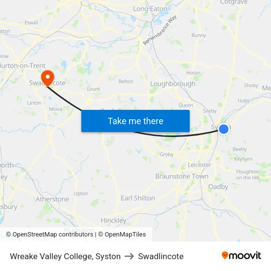 Wreake Valley College, Syston to Swadlincote map