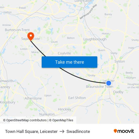 Town Hall Square, Leicester to Swadlincote map