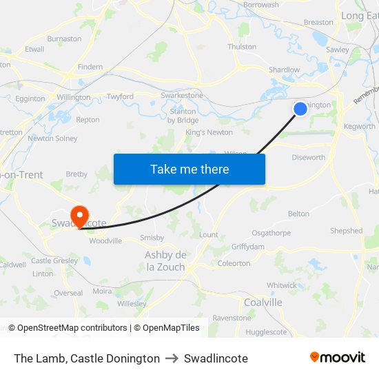 The Lamb, Castle Donington to Swadlincote map