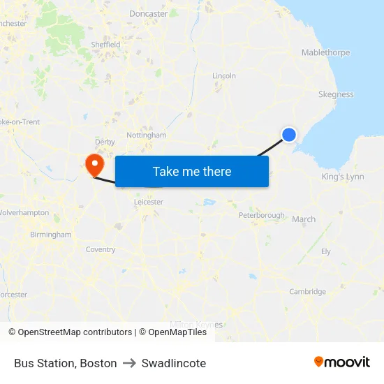 Bus Station, Boston to Swadlincote map
