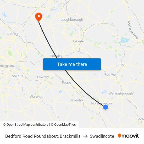 Bedford Road Roundabout, Brackmills to Swadlincote map