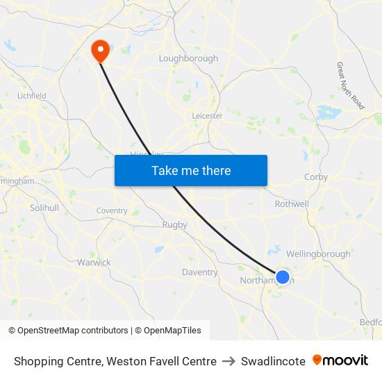 Shopping Centre, Weston Favell Centre to Swadlincote map