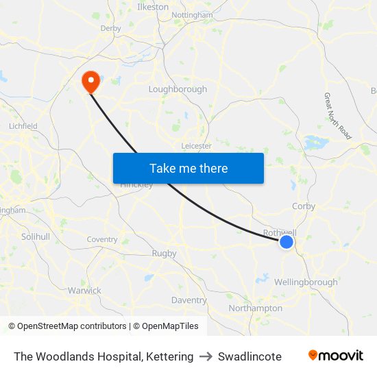 The Woodlands Hospital, Kettering to Swadlincote map
