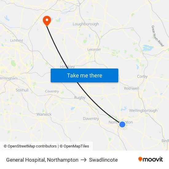 General Hospital, Northampton to Swadlincote map