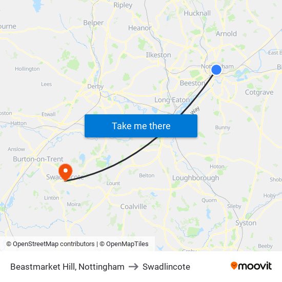 Beastmarket Hill, Nottingham to Swadlincote map