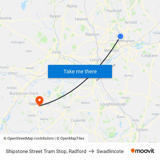 Shipstone Street Tram Stop, Radford to Swadlincote map