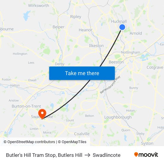 Butler's Hill Tram Stop, Butlers Hill to Swadlincote map