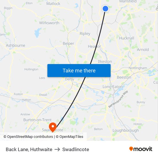 Back Lane, Huthwaite to Swadlincote map