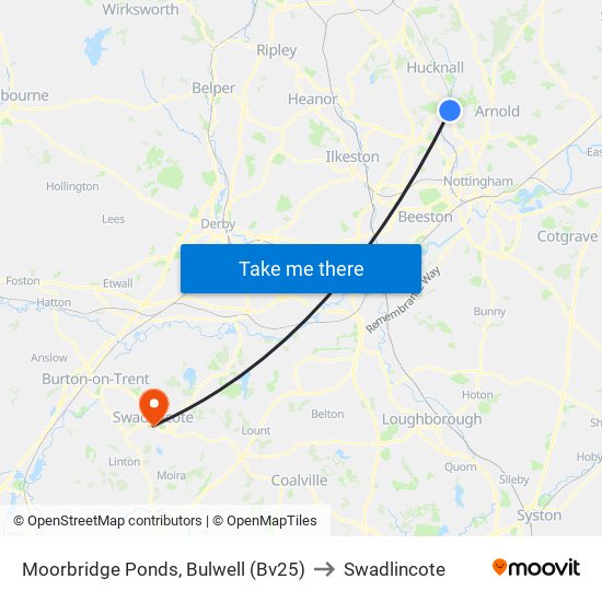 Moorbridge Ponds, Bulwell (Bv25) to Swadlincote map