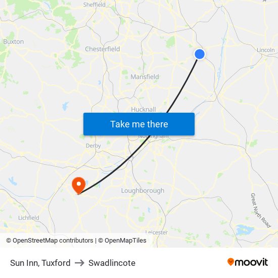 Sun Inn, Tuxford to Swadlincote map