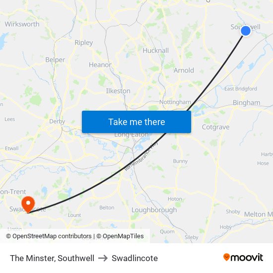 The Minster, Southwell to Swadlincote map