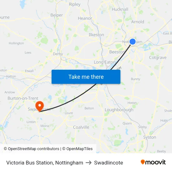 Victoria Bus Station, Nottingham to Swadlincote map