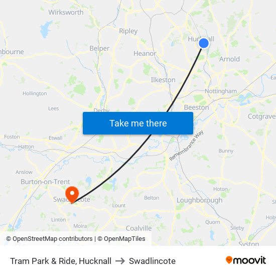 Tram Park & Ride, Hucknall to Swadlincote map