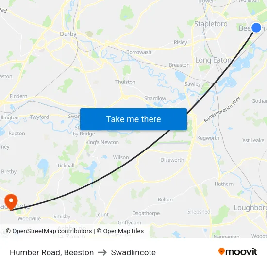 Humber Road, Beeston to Swadlincote map