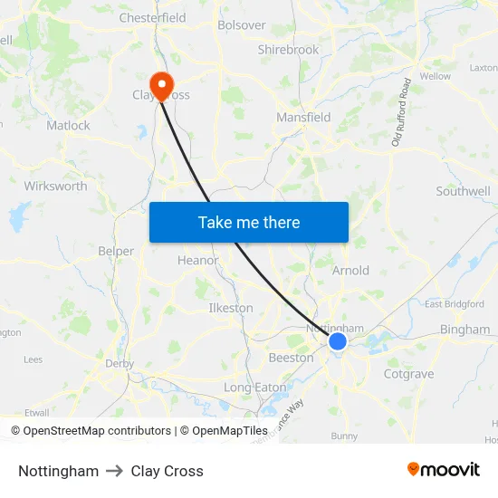 Nottingham to Clay Cross map