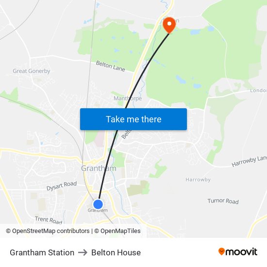 Grantham Station to Belton House map