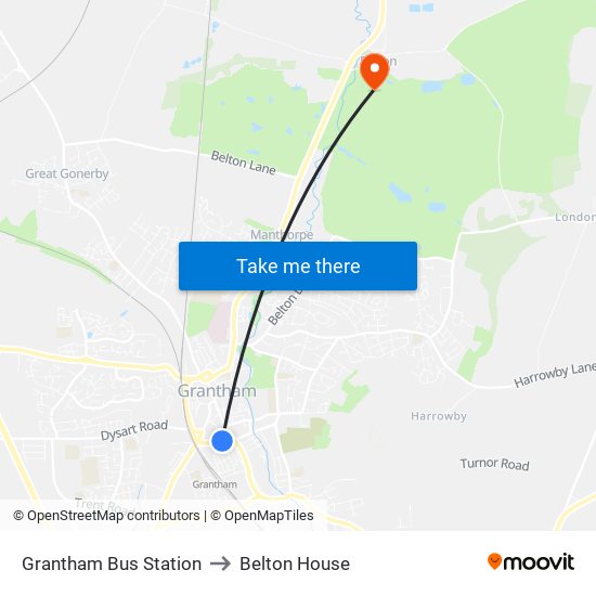 Grantham Bus Station to Belton House map