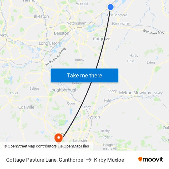 Cottage Pasture Lane, Gunthorpe to Kirby Muxloe map