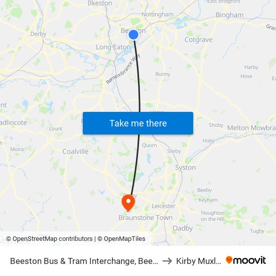 Beeston Bus & Tram Interchange, Beeston to Kirby Muxloe map