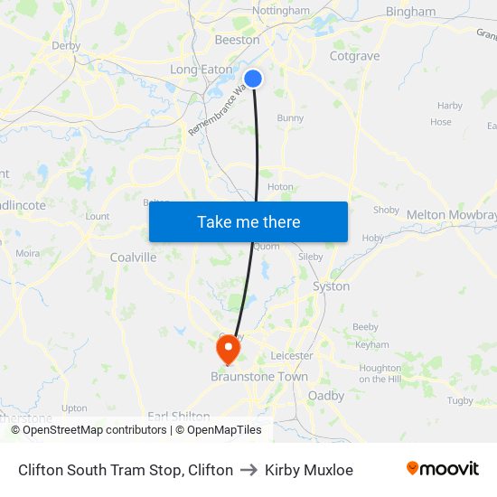 Clifton South Tram Stop, Clifton to Kirby Muxloe map