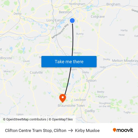 Clifton Centre Tram Stop, Clifton to Kirby Muxloe map