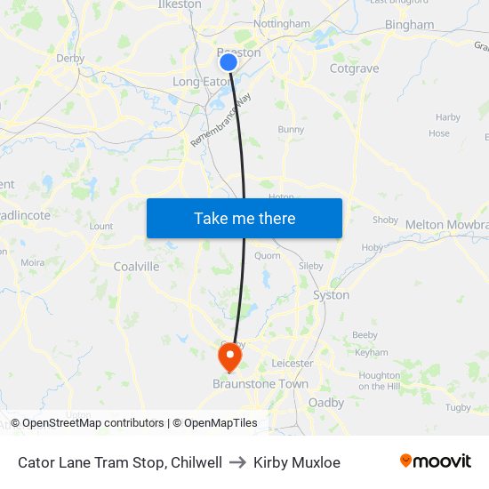 Cator Lane Tram Stop, Chilwell to Kirby Muxloe map