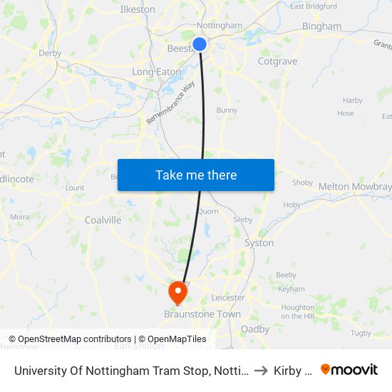 University Of Nottingham Tram Stop, Nottingham University Main Campus to Kirby Muxloe map