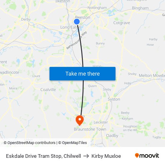 Eskdale Drive Tram Stop, Chilwell to Kirby Muxloe map