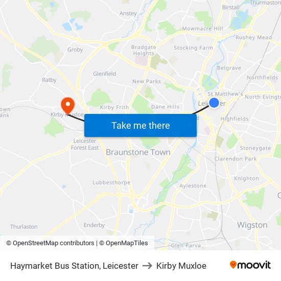 Haymarket Bus Station, Leicester to Kirby Muxloe map