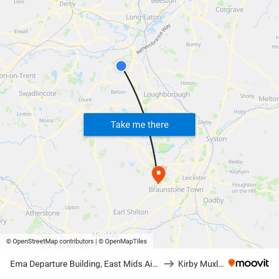 Ema Departure Building, East Mids Airport to Kirby Muxloe map