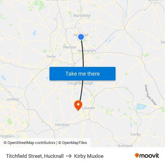 Titchfield Street, Hucknall to Kirby Muxloe map