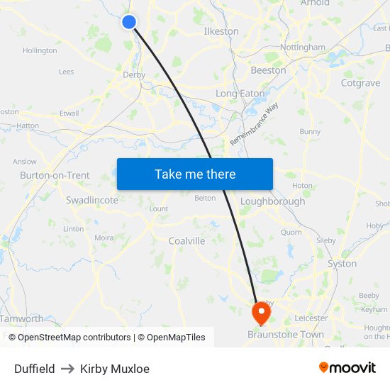 Duffield to Kirby Muxloe map